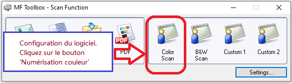 Configuration du logiciel. Cliquez sur le bouton 'Numérisation couleur'