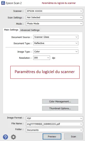 Paramètres du logiciel du scanner