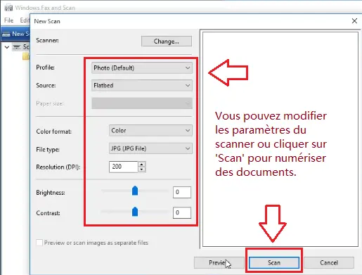 Vous pouvez modifier les paramètres du scanner ou cliquer sur 'Scan' pour numériser des documents.
