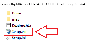 Ouvrez ce dossier, recherchez [UFRII → uk_eng → x64], puis double-cliquez sur [Setup.exe]