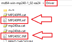 dans le dossier Driver, se trouvent deux fichiers principaux : MP240PR.inf et MP240SC.INF, les pilotes de l’imprimante et du scanner